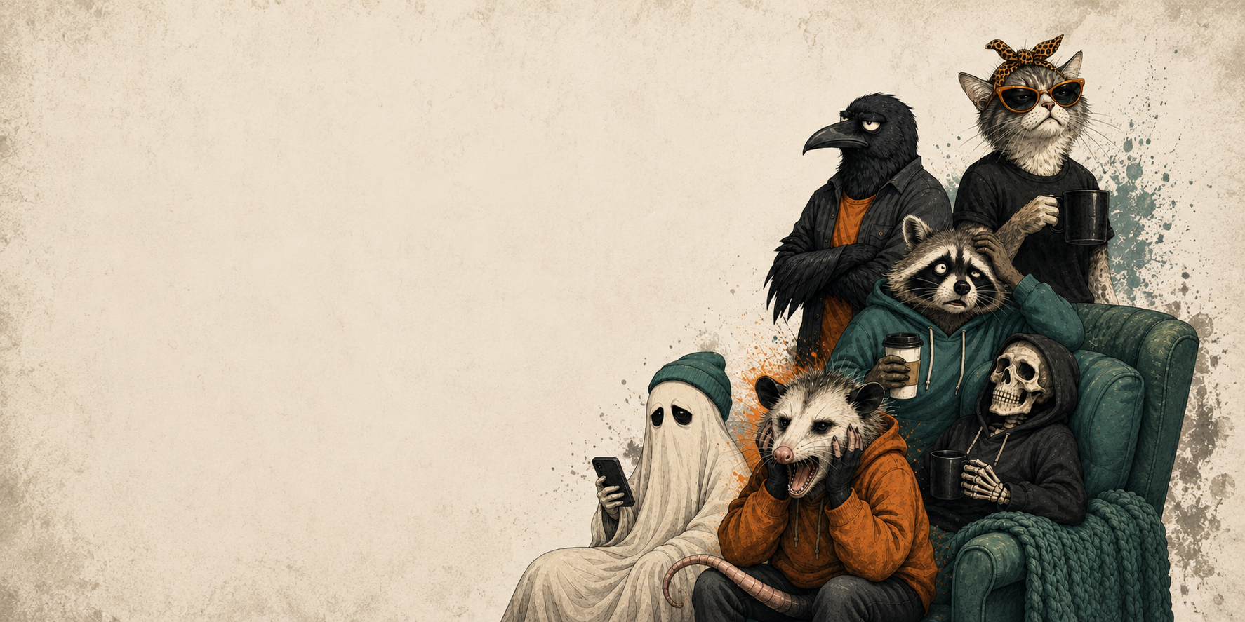 Casual Meltdown - Illustration of anthropomorphic animals in a cozy setting with a textured background